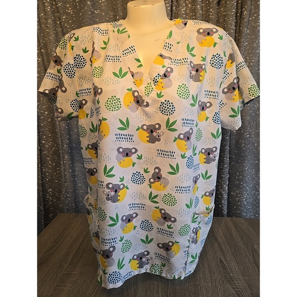 Divine Stretch Tops - Divine Stretch By JDM White KOALA BEAR Lemon Scrub Top Short Sleeve Sz XL